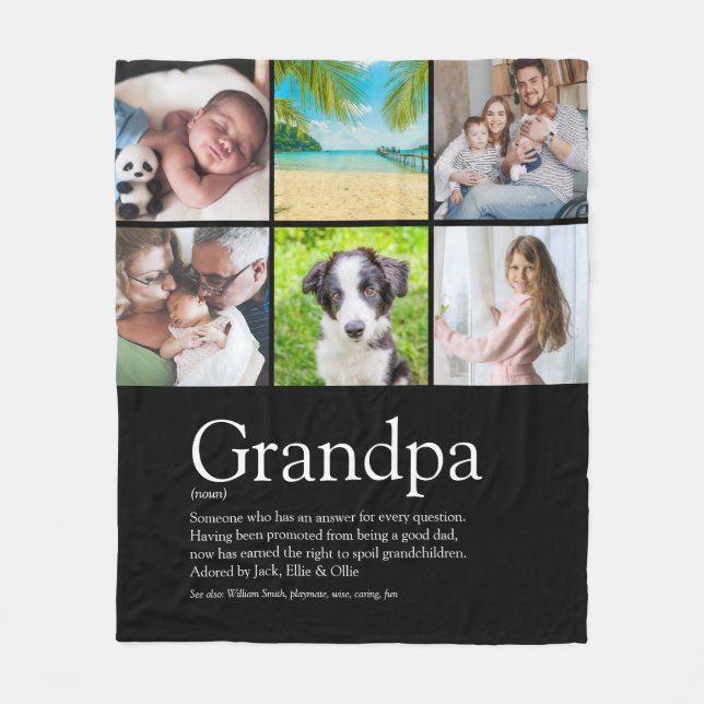 Grandpa Grandfather Papa Definition 6 Photo Black Fleece Blanket (Front)