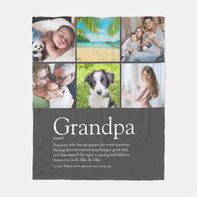 Grandpa Grandfather Papa Definition 6 Photo Grey Fleece Blanket (Front)