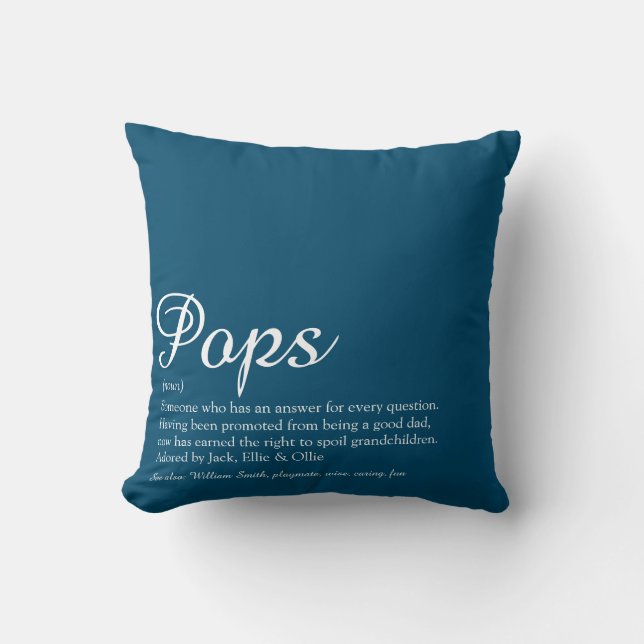 Grandpa, Grandfather, Papa Definition Script Blue Cushion (Front)