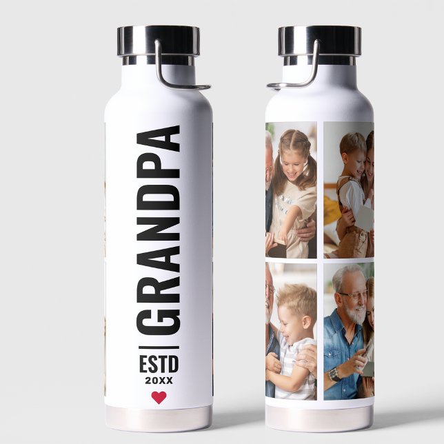 Grandpa | Grandfather Simple 4 Photo Custom Year  Water Bottle (Creator Uploaded)