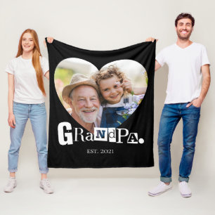 Grandpa Heart Established Grandfather Photo Gift Fleece Blanket