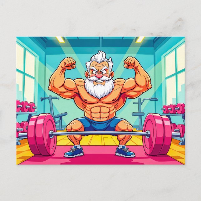 Grandpa lifting weights making sports holiday postcard (Front)