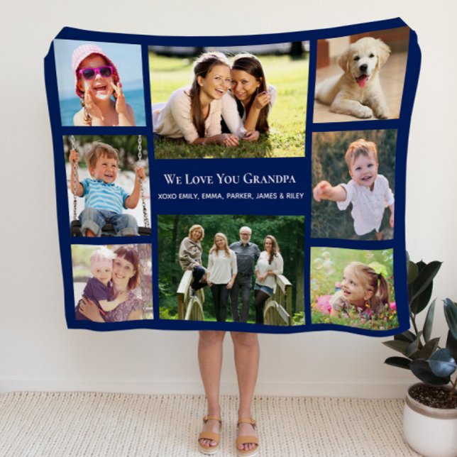 Grandpa Love You Photo Collage Personalised Blue Fleece Blanket (Creator Uploaded)