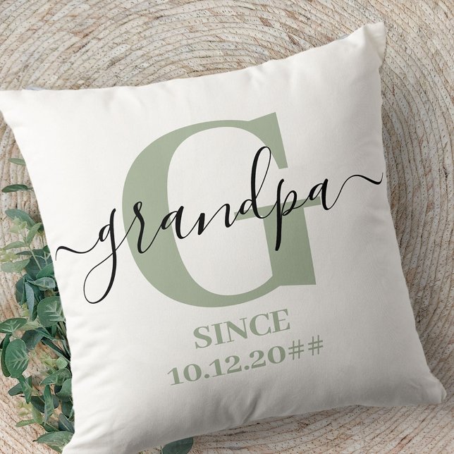 Grandpa Monogram Elegant Script Silver Green Cushion (Creator Uploaded)