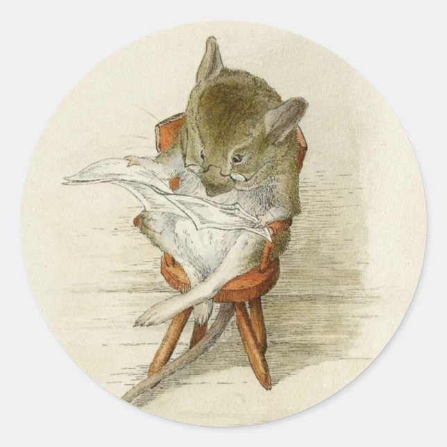 Grandpa Mouse Reading a Newspaper Classic Round Sticker (Front)