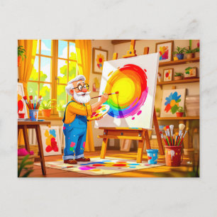 Grandpa painting creatively on canvas holiday postcard