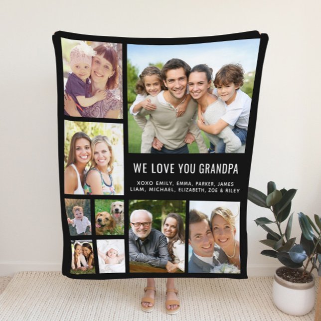 Grandpa Photo Collage Black Fleece Blanket (Creator Uploaded)