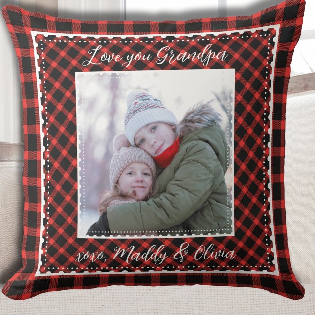 Grandpa Photo Plaid Christmas Cushion (Grandpa Red Buffalo Plaid Christmas Holiday Throw Pillow)