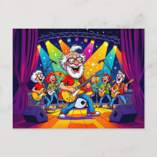 Grandpa playing in a rock band on stage holiday postcard