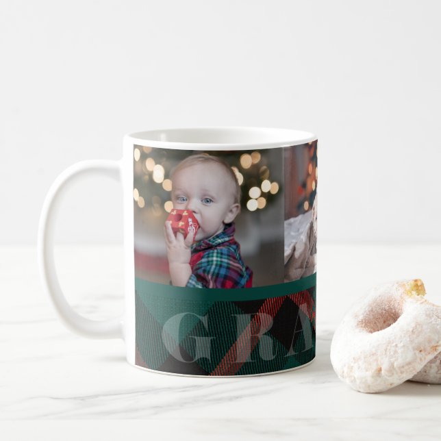 Grandpa Red and Green Plaid Holiday Photos Coffee Mug (With Donut)