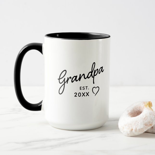 Grandpa Reveal Est. Year Minimalist Black & White Mug (With Donut)