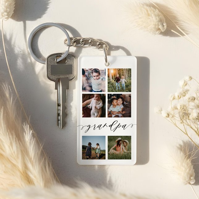 Grandpa Script | Grandchildren Photo Grid Collage Key Ring (Grandpa Script | Grandchildren Photo Grid Collage Keychain)