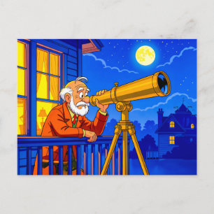 Grandpa Stargazing with Telescope Holiday Postcard