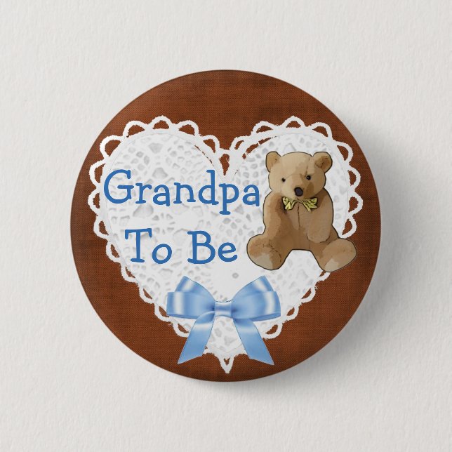 Grandpa to be Brown & Blue Lacy Baby Shower Button (Front)