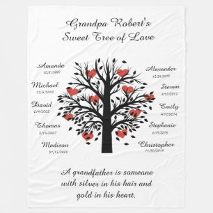 Grandpa Tree (hearts) Black/White 10 Names & Dates Fleece Blanket