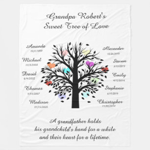Grandpa Tree (hearts) Black/White 10 Names & Dates Fleece Blanket