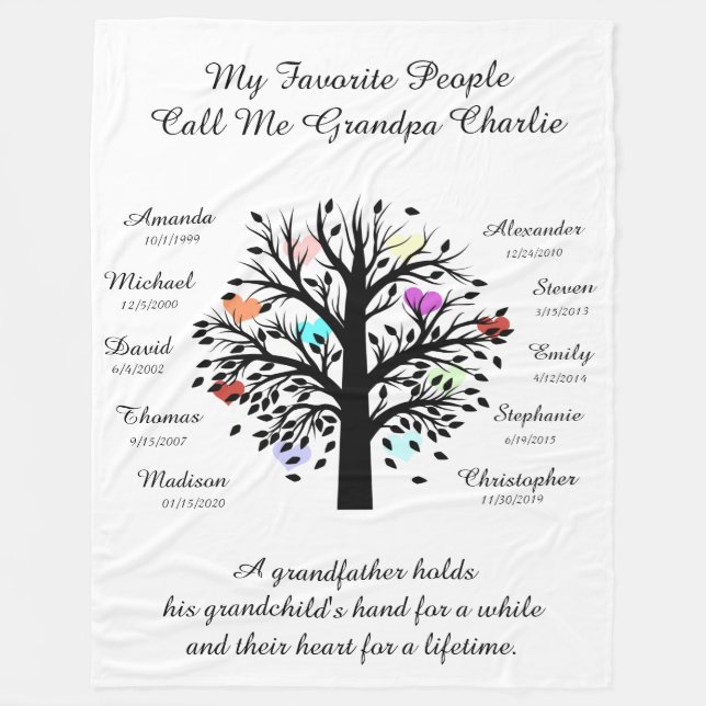 Grandpa Tree (hearts) Black/White 10 Names & Dates Fleece Blanket (Front)