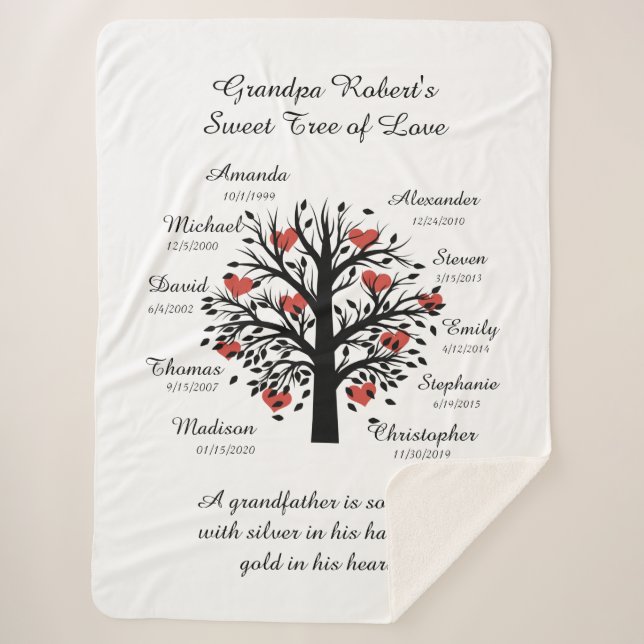 Grandpa Tree (hearts) Black/White 10 Names & Dates Sherpa Blanket (Front)