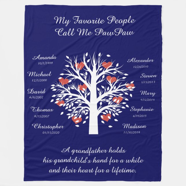 Grandpa Tree (hearts), White/Blue 10 Names & Dates Fleece Blanket (Front)