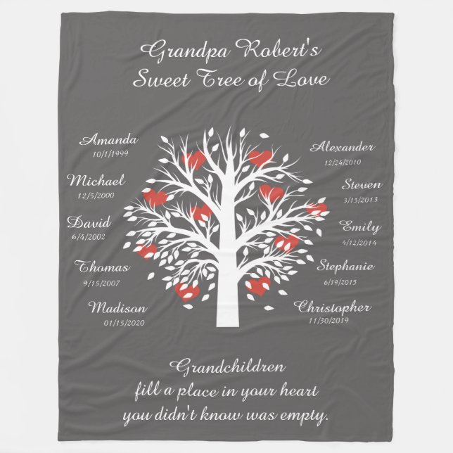 Grandpa Tree (hearts), White/Gray 10 Names & Dates Fleece Blanket (Front)
