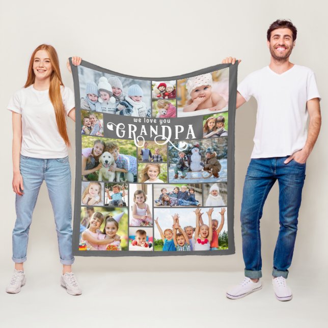 Grandpa We Love You 18 Photo Collage Custom Colour Fleece Blanket (In Situ)