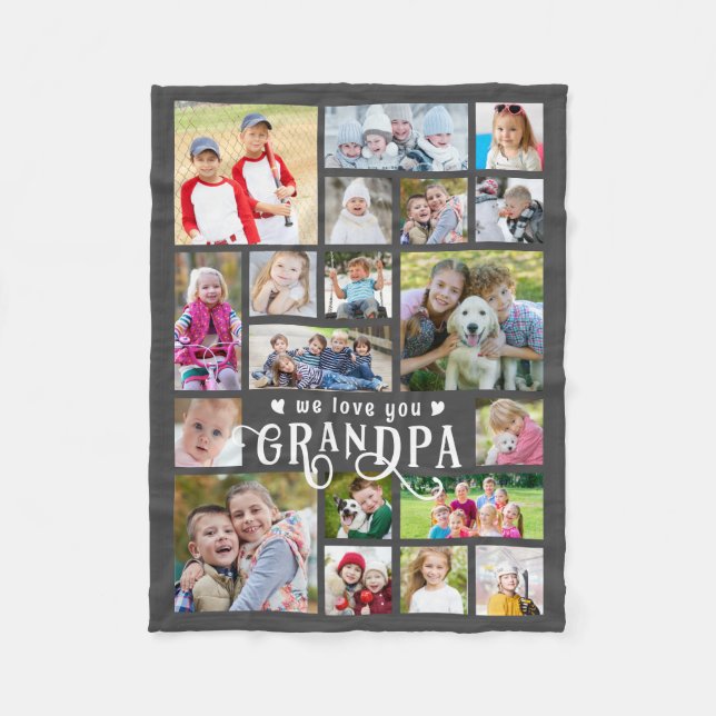 Grandpa We Love You 19 Photo Collage Custom Colour Fleece Blanket (Front)