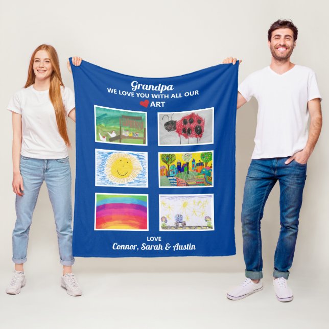 Grandpa We Love You, Grandkids Art Drawings Custom Fleece Blanket (In Situ)