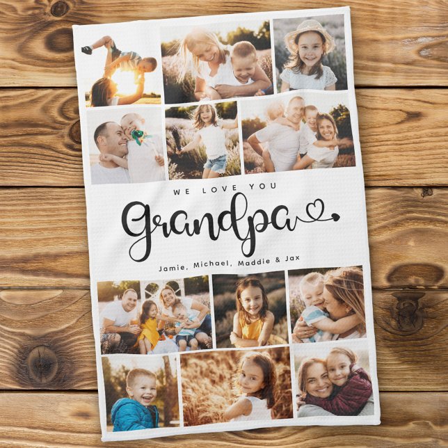 Grandpa We Love you Hearts Modern Photo Collage Tea Towel (Creator Uploaded)