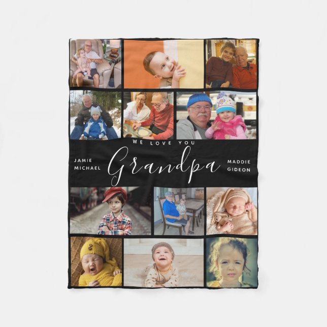grandpa We Love You | Modern Heart Photo Collage Fleece Blanket (Front)