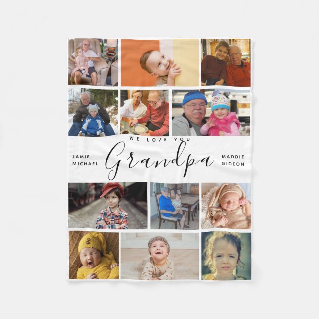 grandpa We Love You | Modern Heart Photo Collage Fleece Blanket (Front)