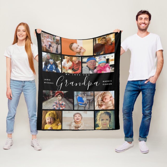 grandpa We Love You | Modern Heart Photo Collage Fleece Blanket (In Situ)