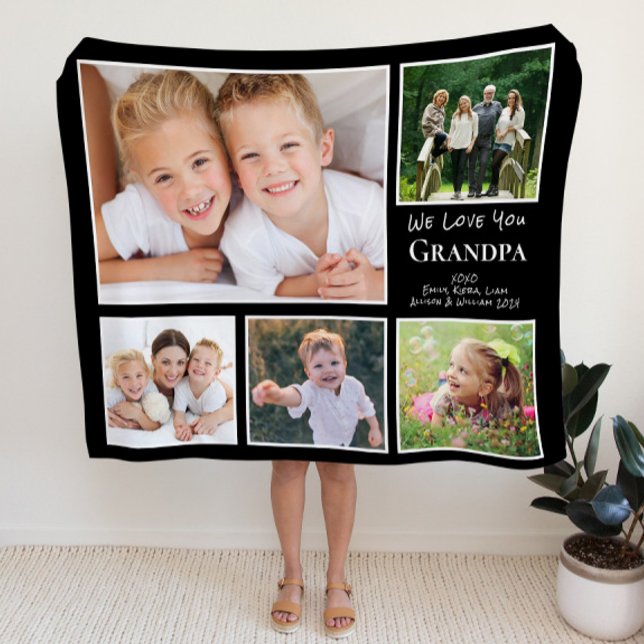 Grandpa We Love You Photo Collage Black Fleece Blanket (Creator Uploaded)