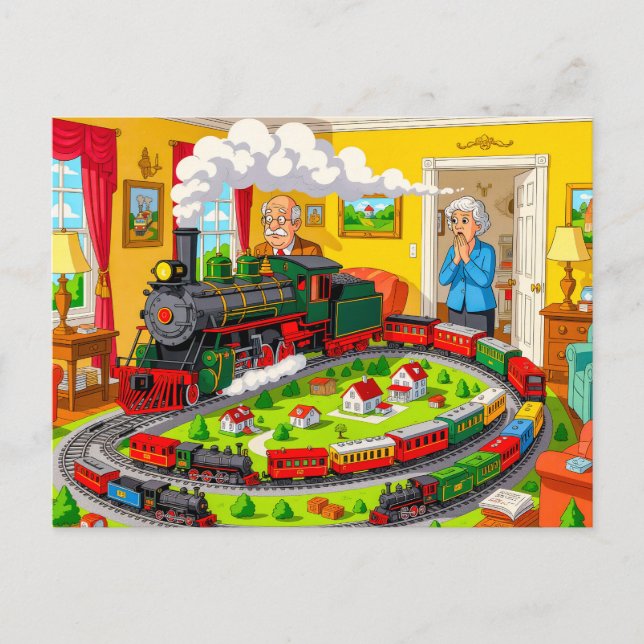 Grandpa with steam train on huge model railway holiday postcard (Front)