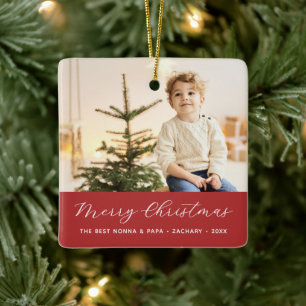 Grandparent Calligraphy Merry Christmas Photo Ceramic Ornament