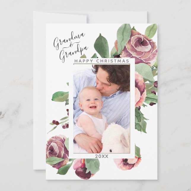 Grandparent Christmas Photo Floral Wreath Holiday Card (Front)