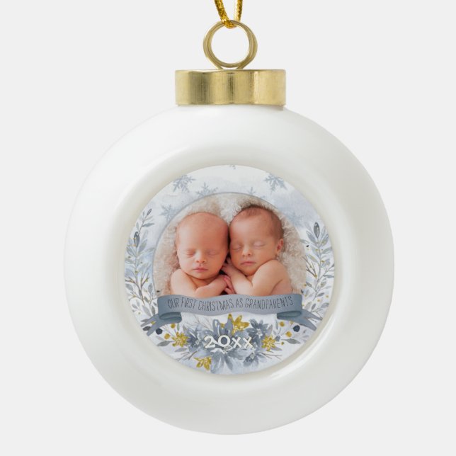 Grandparent First Christmas Blue Gold Floral Photo Ceramic Ball Christmas Ornament (Front)