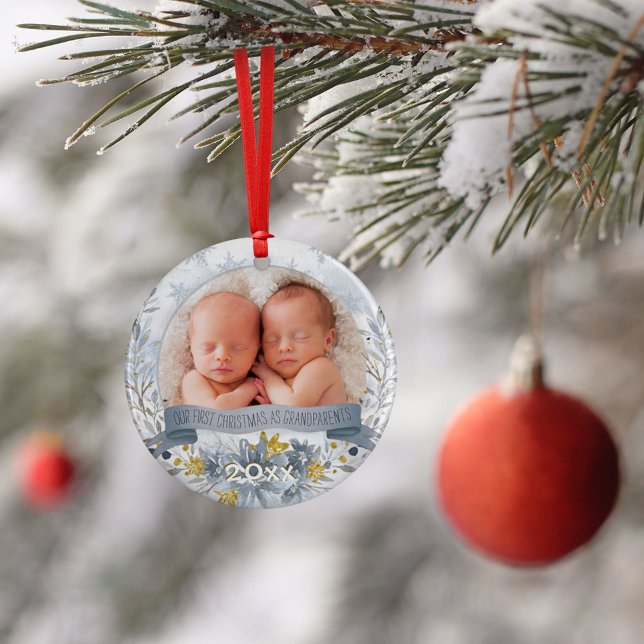 Grandparent First Christmas Blue Gold Floral Photo Ornament (Creator Uploaded)