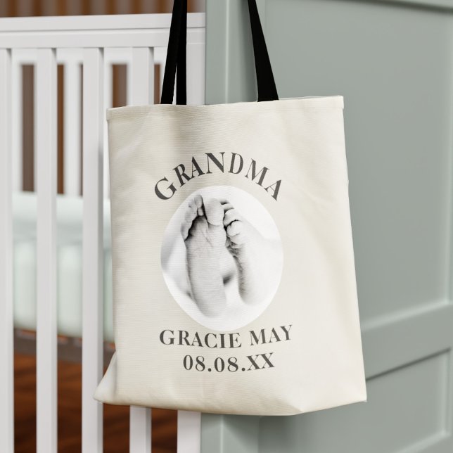 Grandparent New Baby Photo Grandma Tote Bag (Just upload your baby photo and name to this cute grandma tote bag)