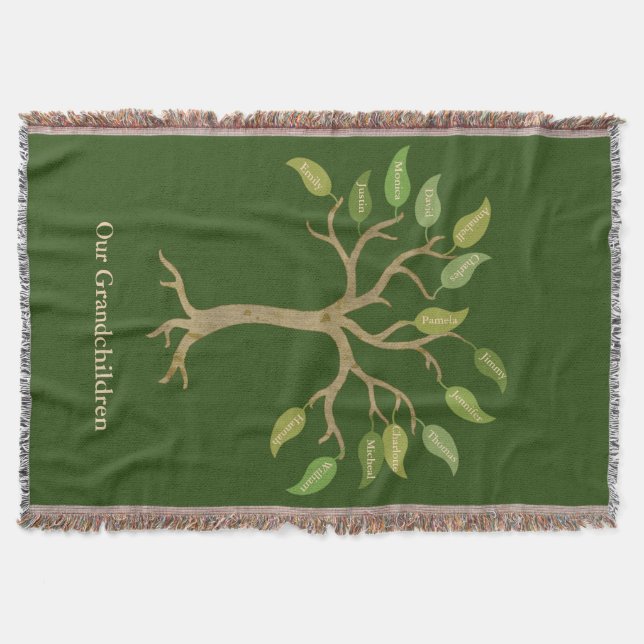 Grandparent's 14 Leaf Tree Green Throw Blanket (Front)