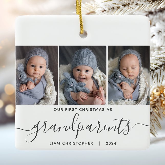 Grandparents 1st Christmas 3 Photo Grey Script Ceramic Ornament (Creator Uploaded)