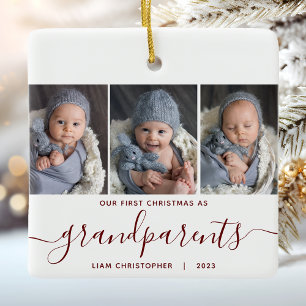 Grandparents 1st Christmas 3 Photo Red Script Ceramic Ornament
