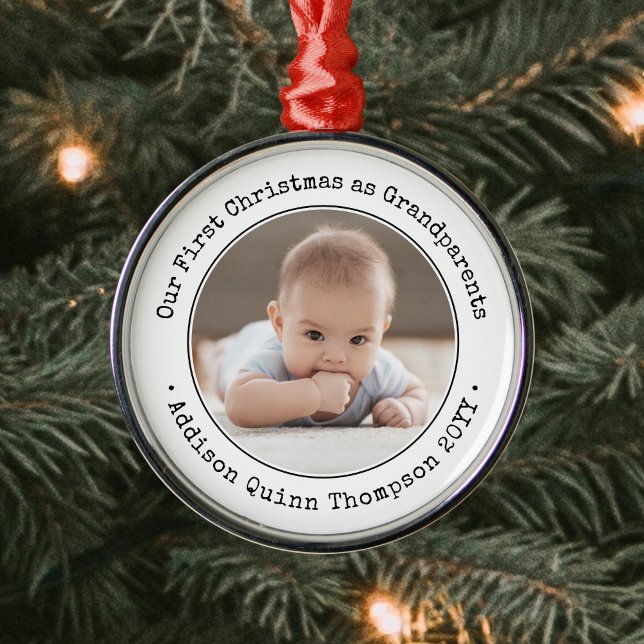 Grandparents 1st Christmas Baby Photo Black White Metal Tree Decoration (Creator Uploaded)
