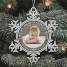 Grandparents 1st Christmas Baby Photo Grey &amp; White Snowflake Pewter Christmas Ornament