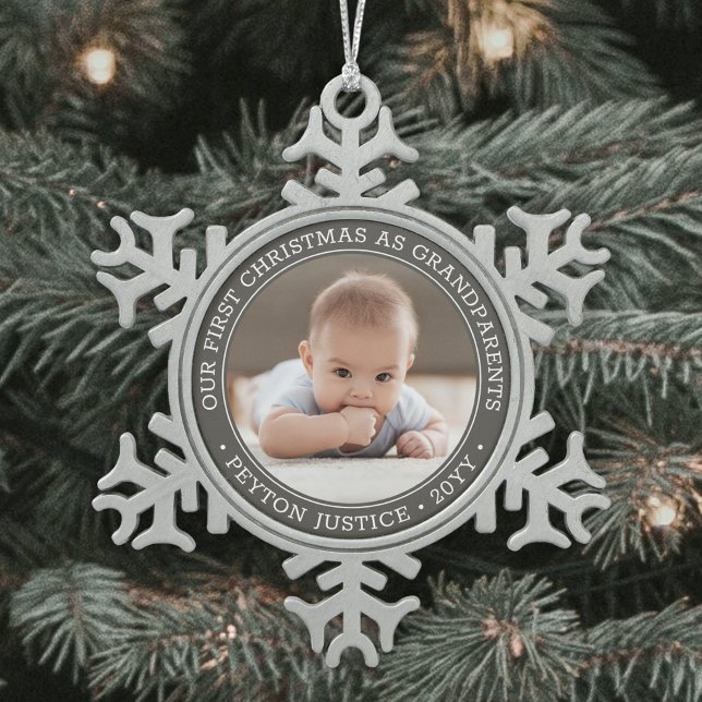 Grandparents 1st Christmas Baby Photo Grey & White Snowflake Pewter Christmas Ornament (Creator Uploaded)