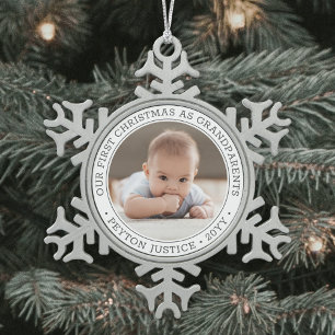 Grandparents 1st Christmas Baby Photo Modern Snowflake Pewter Christmas Ornament