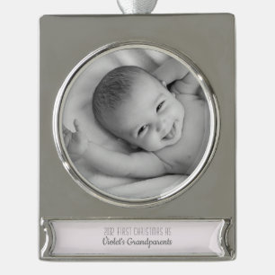 Grandparents 1st Christmas Personalised Name Photo Silver Plated Banner Ornament
