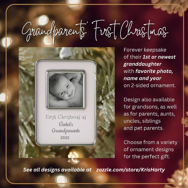 Grandparents 1st Christmas Personalised Name Year  Silver Plated Framed Ornament (First Christmas as Grandparents with 1st or Newest Granddaughter. Photo, name, year on keepsake gift)