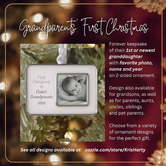Grandparents 1st Christmas Personalised Photo Name Silver Plated Framed Ornament (Grandparents' First Christmas with 1st or Newest Granddaughter. Gift them forever photo keepsake.)