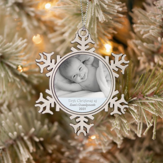 Grandparents 1st Christmas Personalised Photo Snowflake Pewter Christmas Ornament (Tree)
