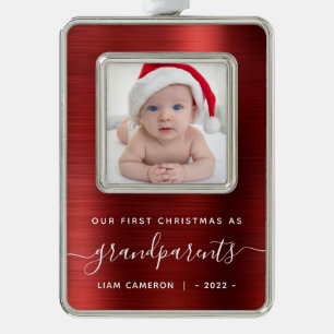 Grandparents 1st Christmas Photo Red Brushed Metal Silver Plated Framed Ornament